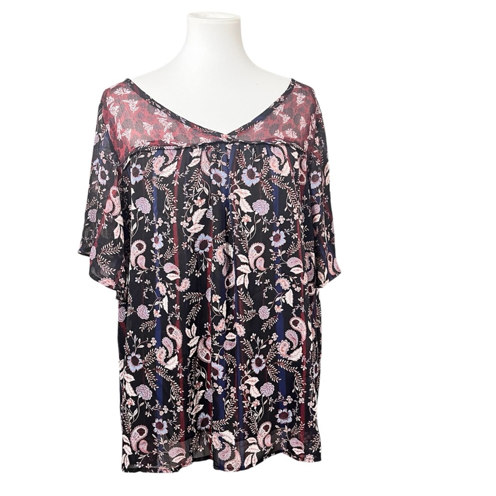 Knox Rose Floral Boho Top Womens XXL Navy Pink Flowy Blouse Short Sleeve